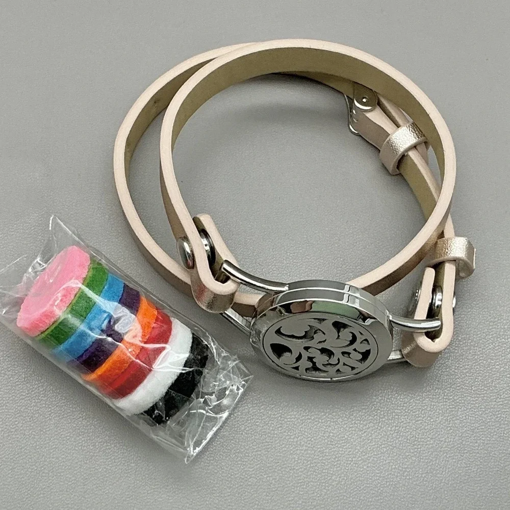 Bracelet Silver Beige Leather Wrap Tree Of Life Diffuser Locket Womens Jewelry